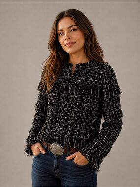 Zara Fringe Plaid Black White Top Western Chic Boho Academia Small office Siren